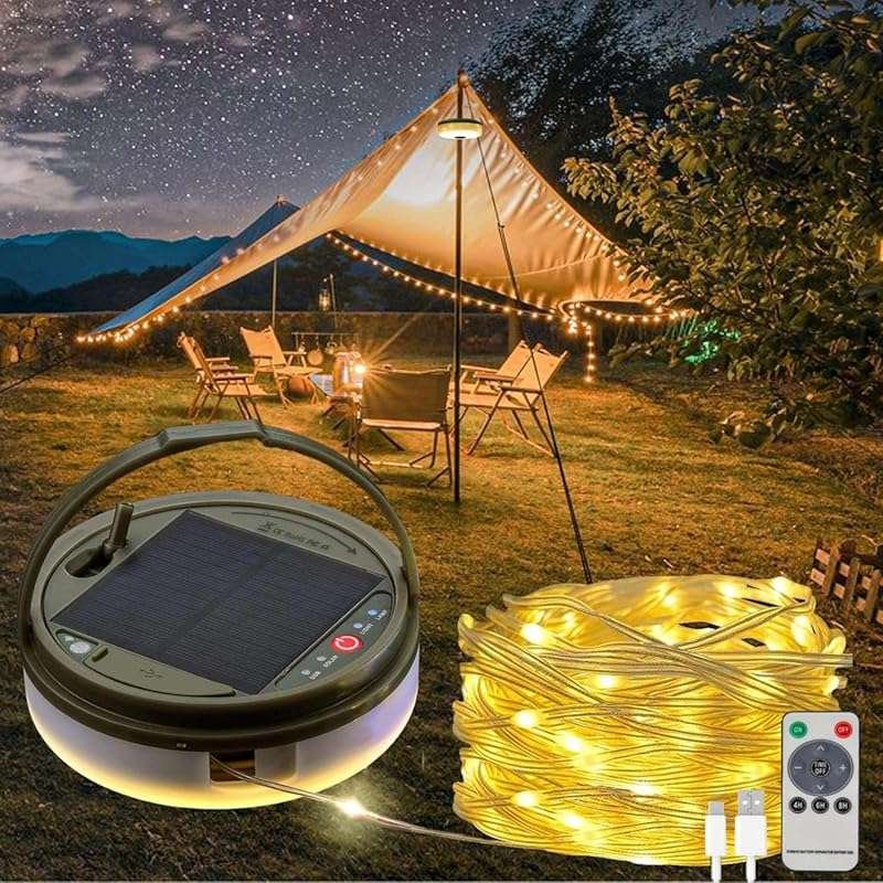 Solar Camping String Lights, 39.4 FT Fairy Light, 4-in-1 Portable Wate