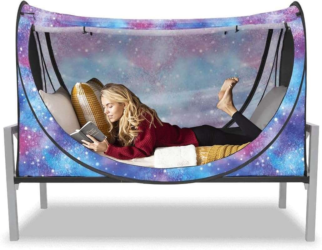 Privacy Pop Up Eclipse Bed Tent for Twin Bed with Unicorn Galaxy Desig
