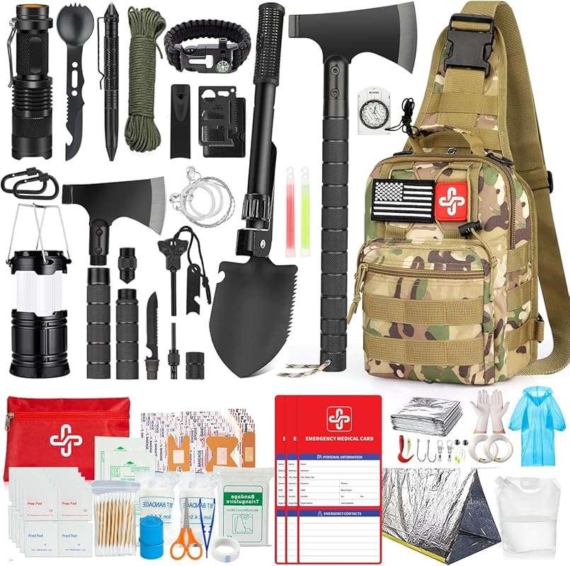 262Pcs Survival Kit Gear and Supplies with Tent, Axe, Shovel & First A