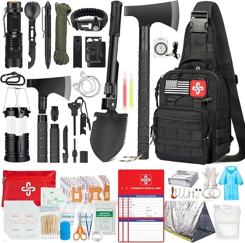 262Pcs Survival Kit with First Aid & Camping Gear - Tent, Axe Hammer, 