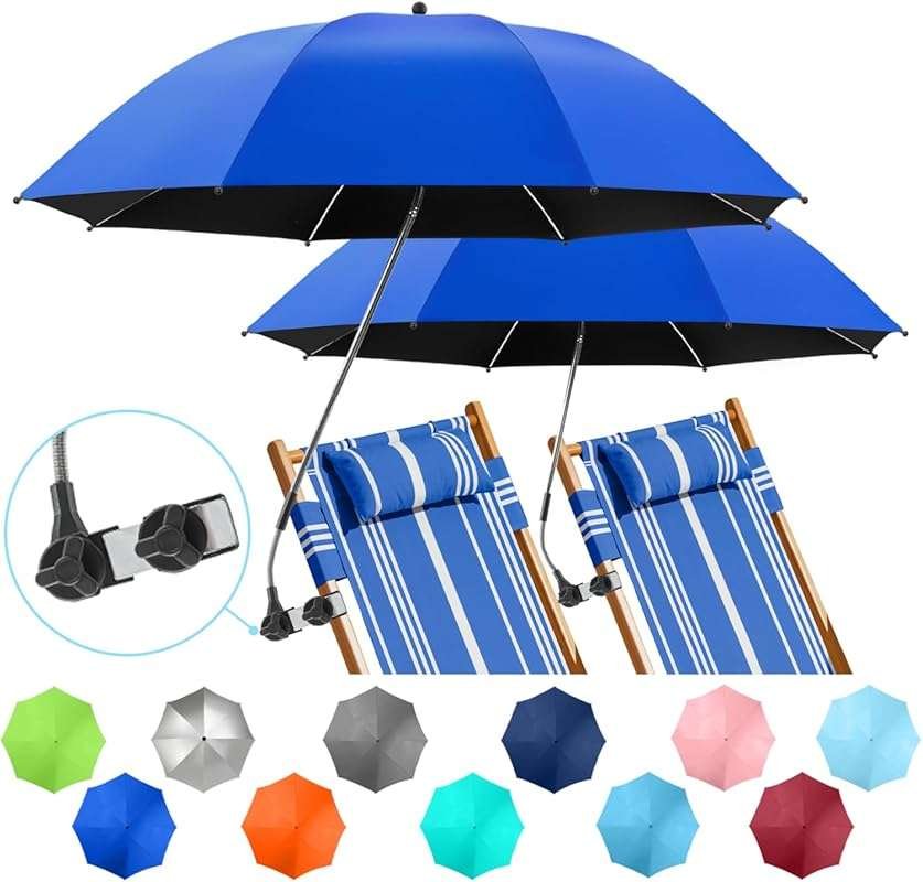 2-Pack Beach Umbrellas with Clamp: 360° Adjustable UPF50+ for Beach Ch