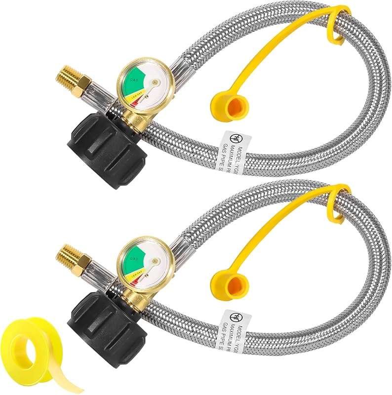 15 Inch RV Propane Hose with Gauge, Stainless Steel Braided Camper Pig
