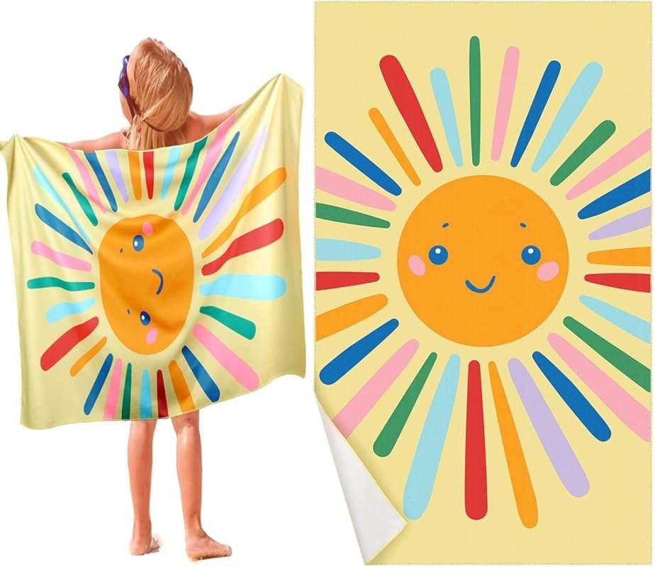 Cute Colorful Sun Beach Towel for Kids: 50x30 Inch Microfiber, Absorbe