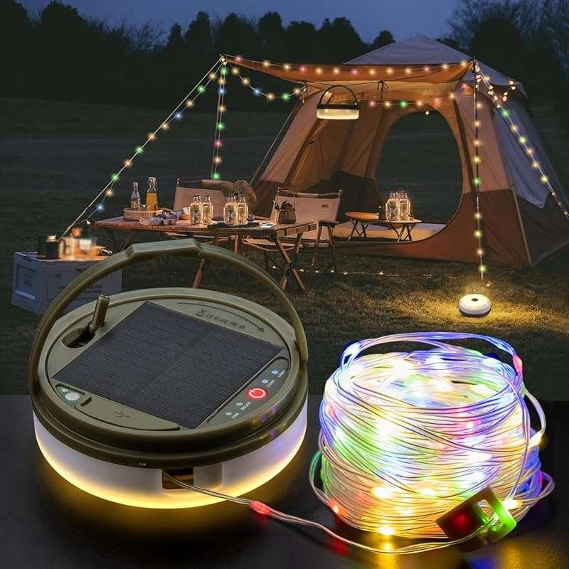 Solar Camping String Lights, 39.4 FT Outdoor Lights with 8 Modes, USB 