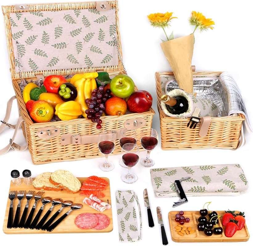 Hap Tim Dual Wicker Picnic Basket Set with Blanket & Charcuterie Board