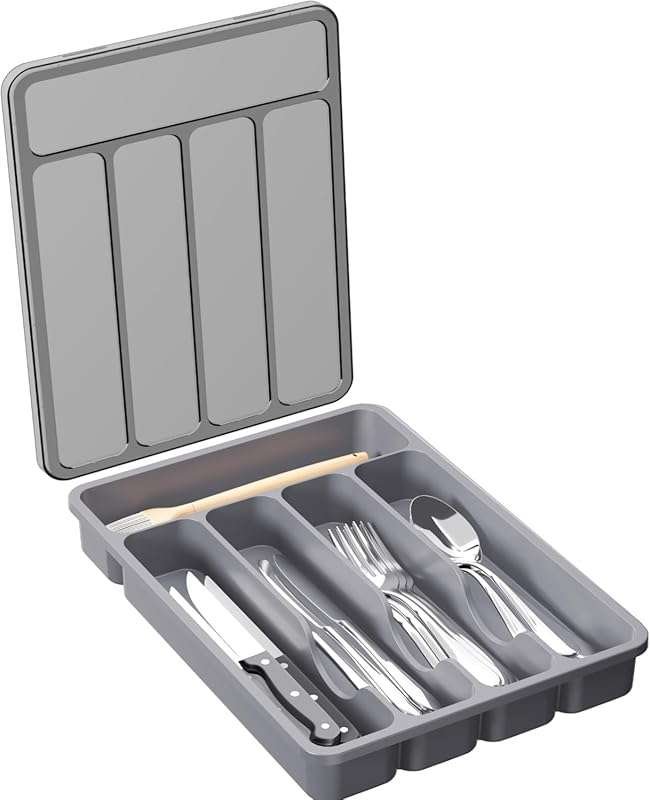 Lifewit Silverware Organizer with Lid, Covered Utensil Tray for Kitche
