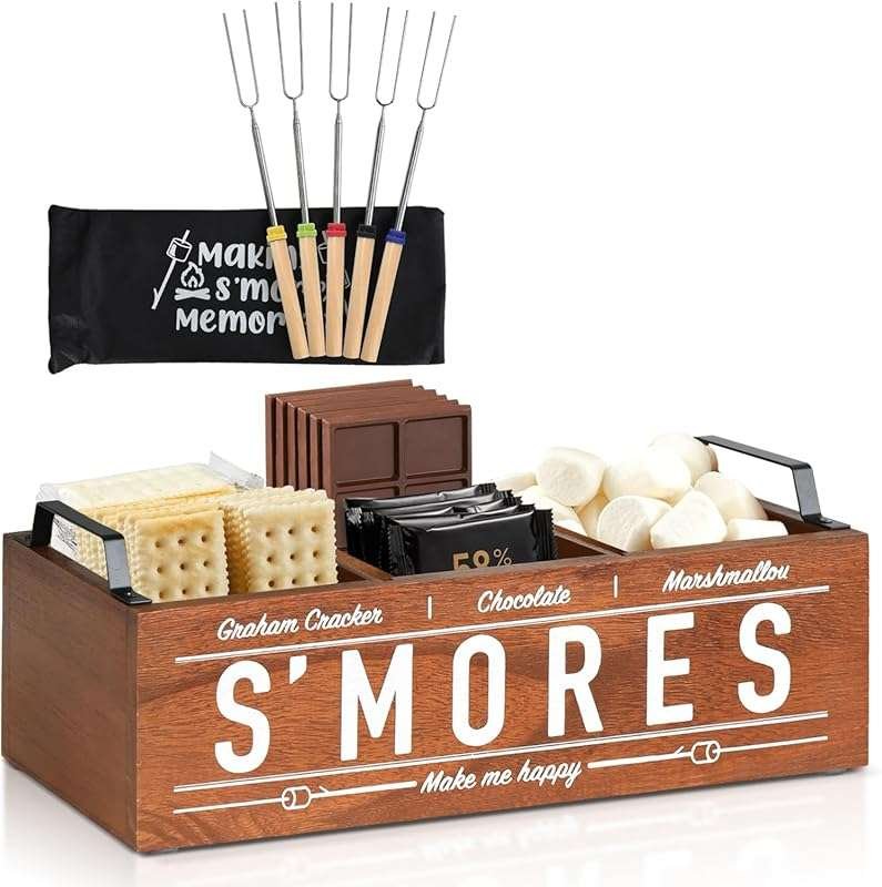 Farmhouse S'mores Station Caddy with Handles, Fire Pit Kit & Maker Box