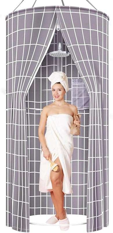 Gray Round Shower Curtain 100x200cm, Portable Hanging Outdoor Curtain