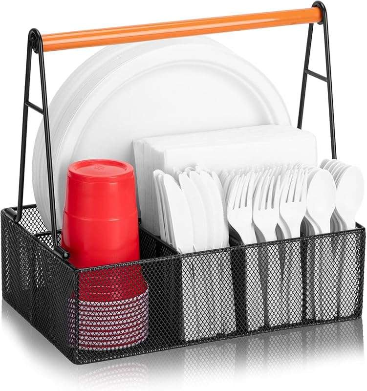 Black Metal Plate and Utensil Caddy with Handle for Picnic, Party, and