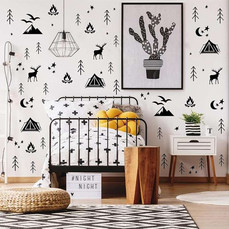 230 Pcs Matte Black Forest Camping Wall Decals - Removable Moose, Moun