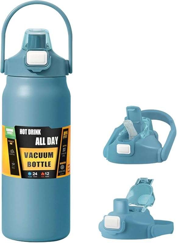 27 oz Blue Insulated Stainless Steel Water Bottle with Straw, Handle,