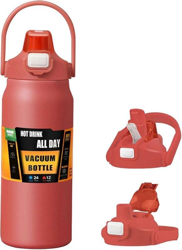 50 oz Red Insulated Stainless Steel Water Bottle with Straw, Handle, D