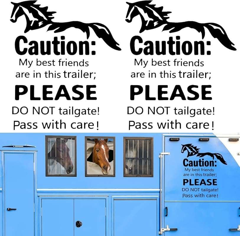 2 Pcs Caution Horse Trailer Stickers - 10
