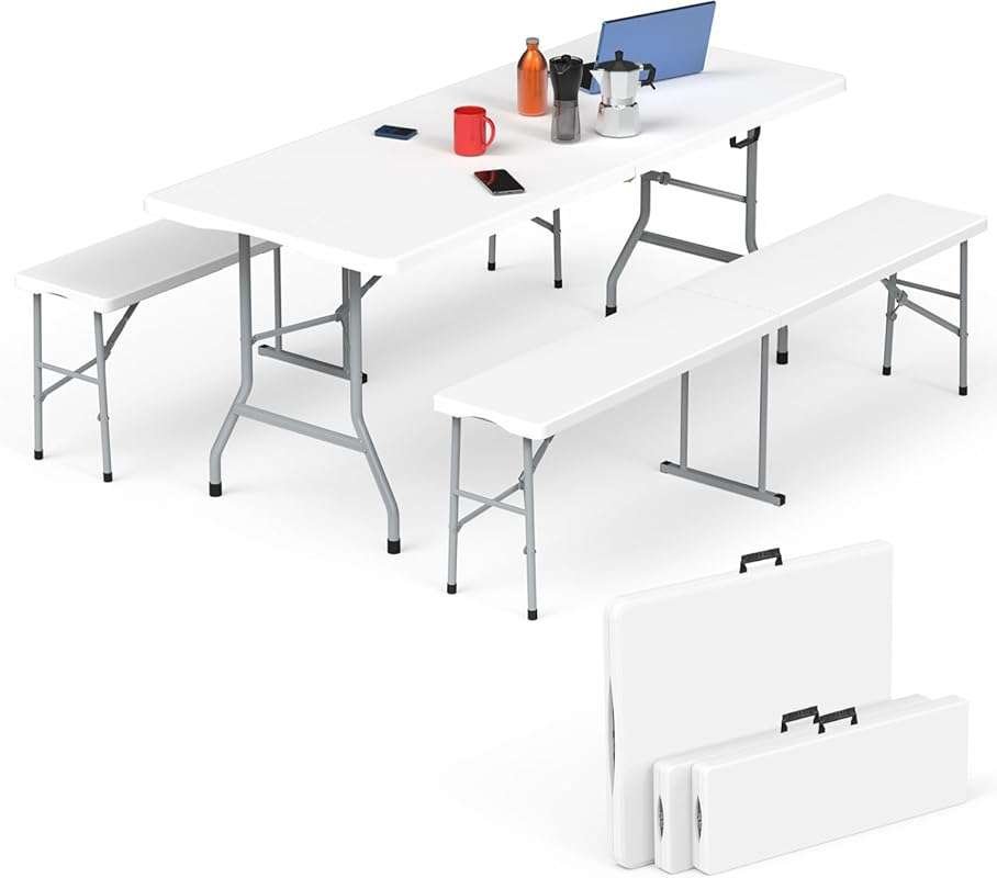 HLPB 6 ft Folding Picnic Table Set with 2 Benches - Portable Outdoor/I