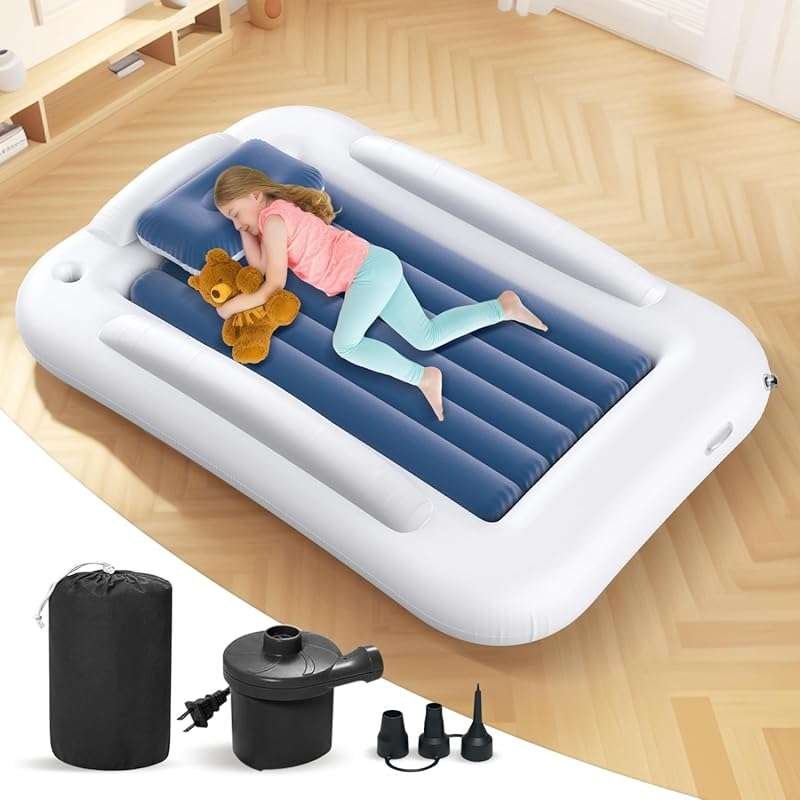 Inflatable Toddler Travel Bed - 60" Portable Kids Air Mattress with Sa