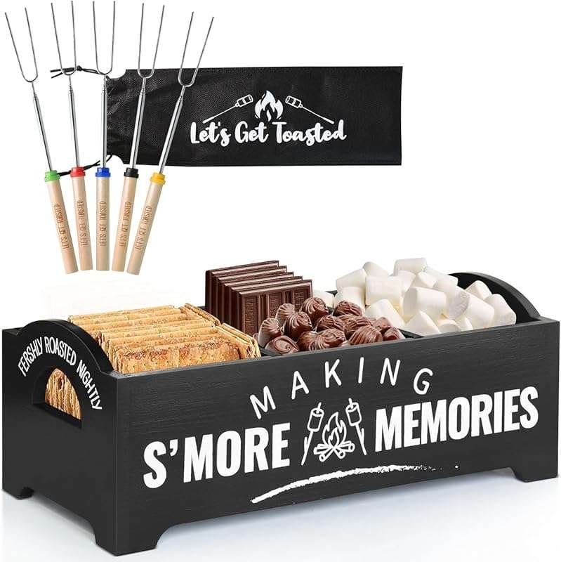 Farmhouse S'mores Kit Station with 5 Extendable Roasting Sticks, Wood 