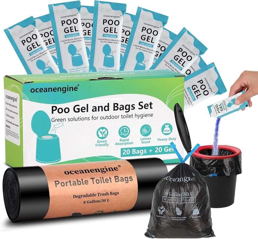 8 Gallon Camping Toilet Bags with Poo Gel Set for Outdoor Hiking & Por