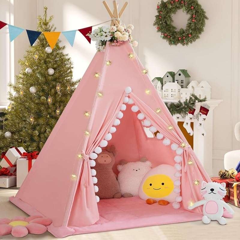 Pink Pompom Cotton Canvas Teepee Tent for Kids with Padded Mat, Stars 