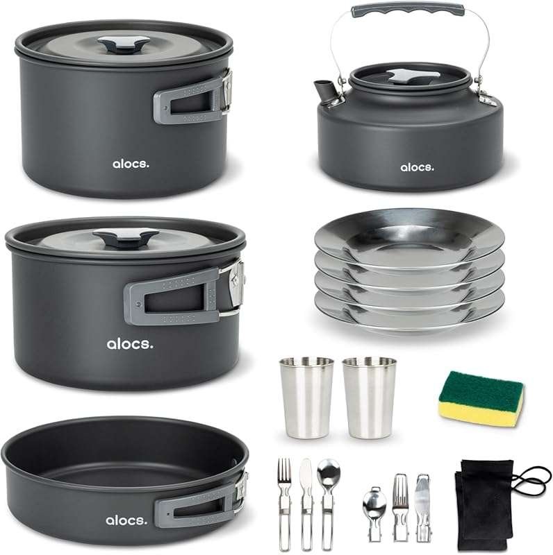 Alocs Lightweight Camping Cookware Set with Kettle - Portable Mess Kit