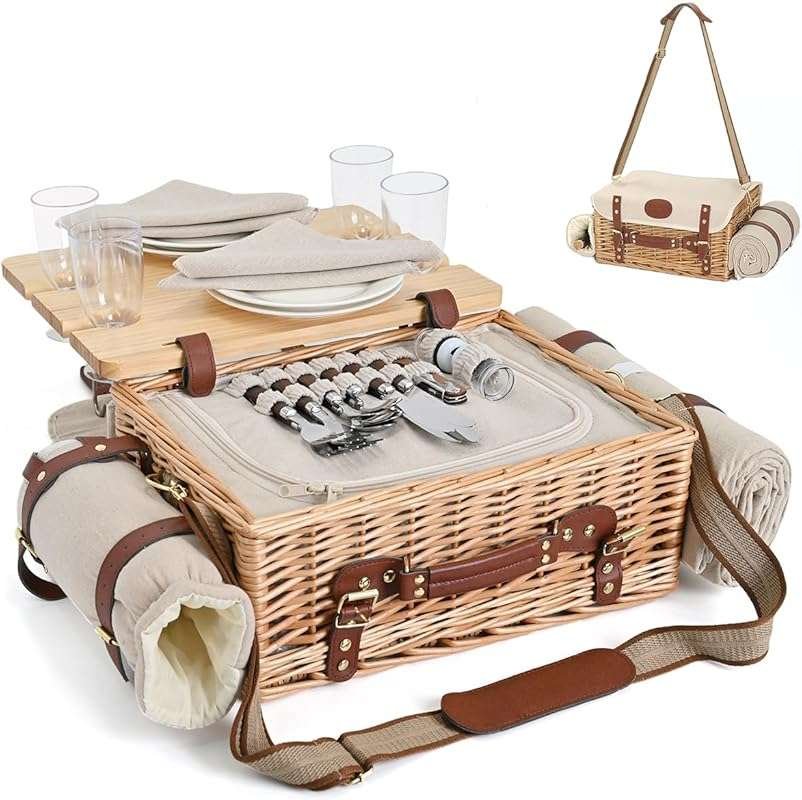 Multifunctional Wicker Picnic Basket Set for 4 with Blanket & Table - 
