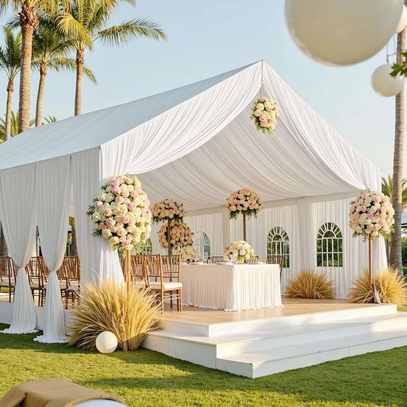 60x40 Ft White Ceiling Draping Curtains for Wedding & Parties, 12 Pane