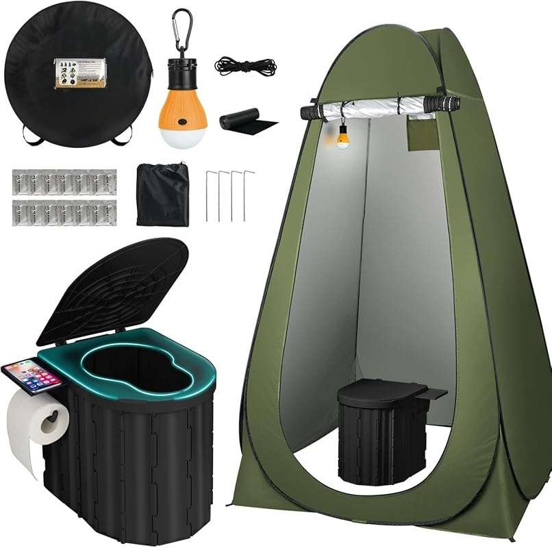 Portable Camping Toilet with Privacy Tent, 12-inch Seat, 400lb Capacit