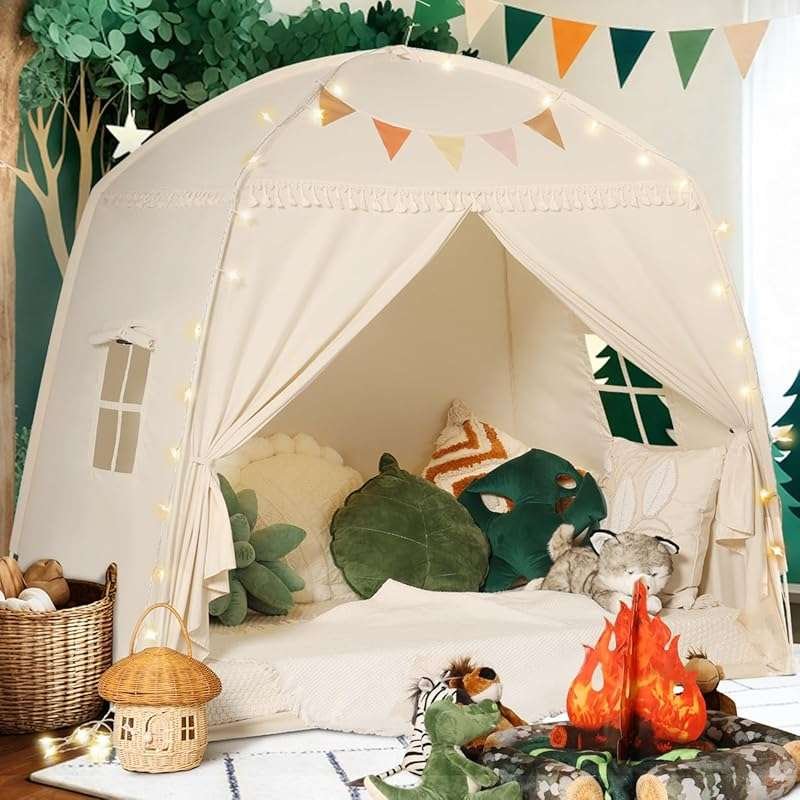Sumbababy Cream Large Teepee Tent for Kids with Star Lights & Flags