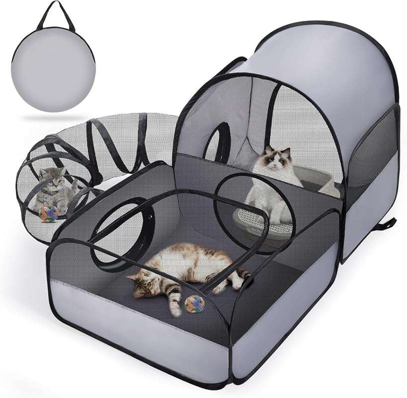 Portable Cat Playpen & Tent with Surround Tunnel, 2-Linked Enclosures 