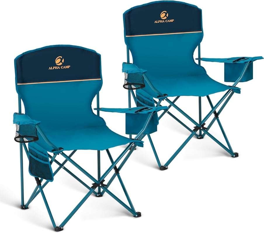 LET'S CAMP 2 Pack Folding Camping Chairs with Cooler Bag, Cup Holder, 