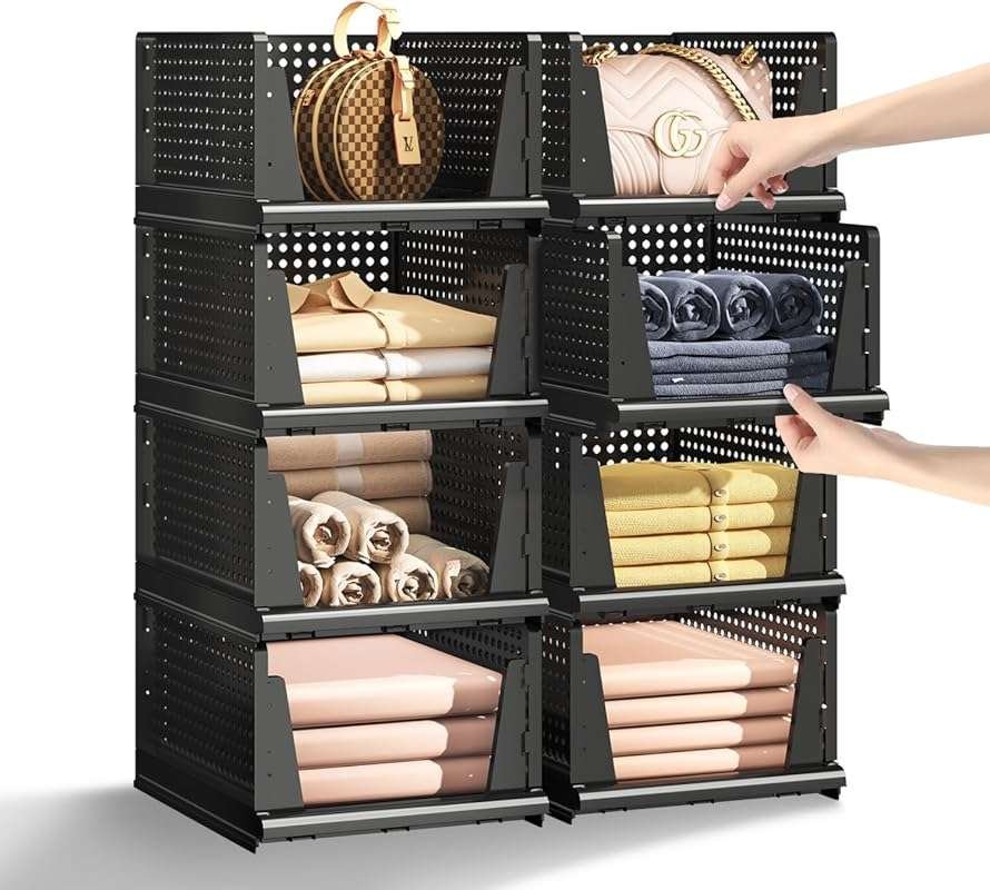 Folding Stackable Storage Baskets: 5 Pack Plastic Organizers for Close