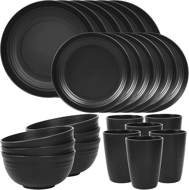 Quatish 24-Piece Unbreakable Dinnerware Set for 6 - Black Plastic Plat