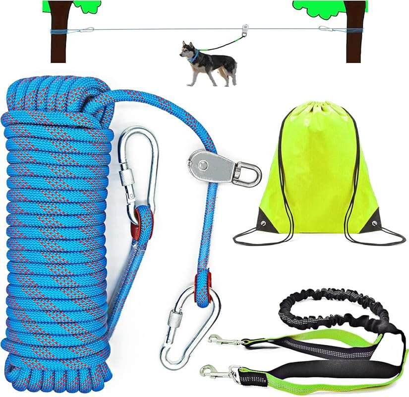 50ft Dog Tie-Out Trolley System with Bungee Leash for Camping & 400lb 