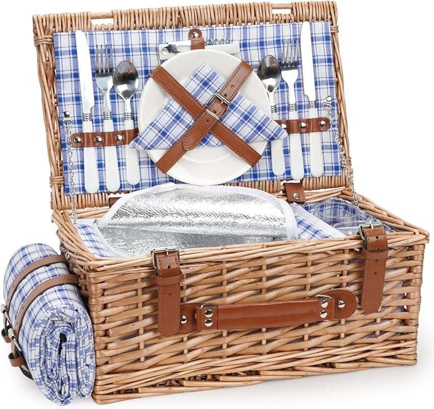 Red Willow Wicker Picnic Basket Set for 2, Waterproof Blanket, Insulat