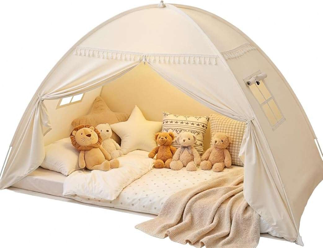 Golden Beige Toddler Bed Canopy Tent: Lights, Flags, & Privacy Space f