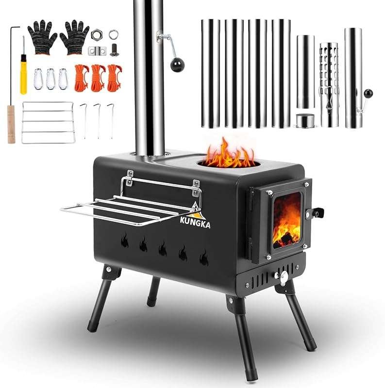 Black Wood Burning Tent Stove, 7 Section Stainless Steel Chimney, Port