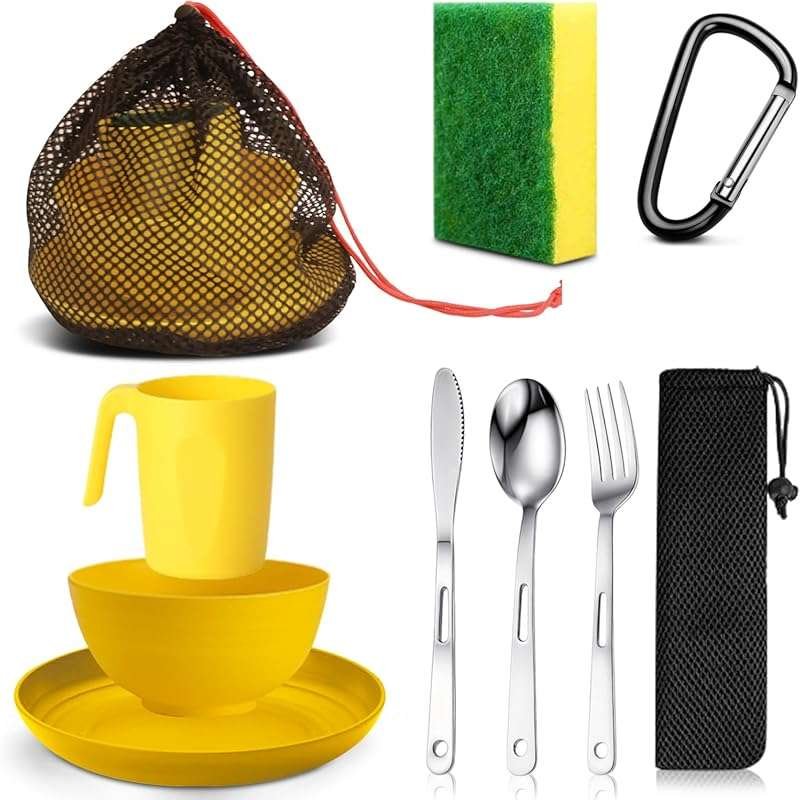 Scout Camping Mess Kit with Lightweight Eating Utensils and Mesh Bag f