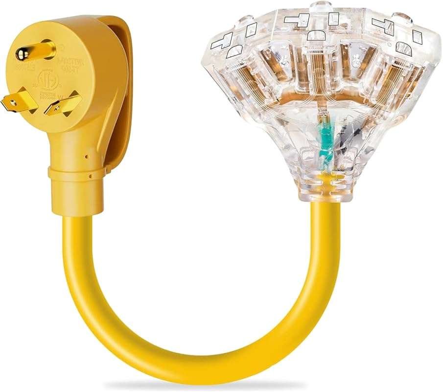 30 Amp RV Power Adapter to 110V 20 Amp, NEMA TT-30P to 3x5-15R/20R Splitter with LED Indicator