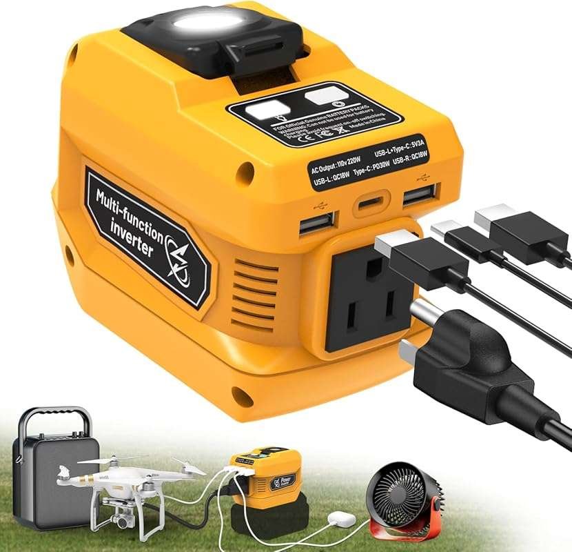 220W Portable Power Inverter for Dewalt 20V, AC 110V Outlet, 2 USB, Ty