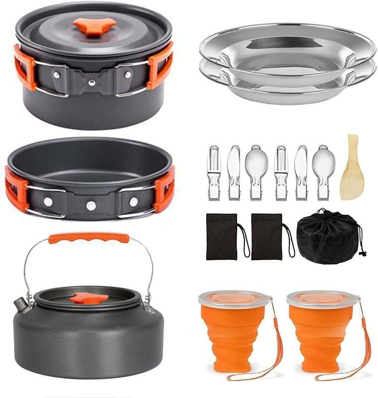 Camping Cookware Set with Non-Stick Pots, Pans, Kettle, Plates, Cups,