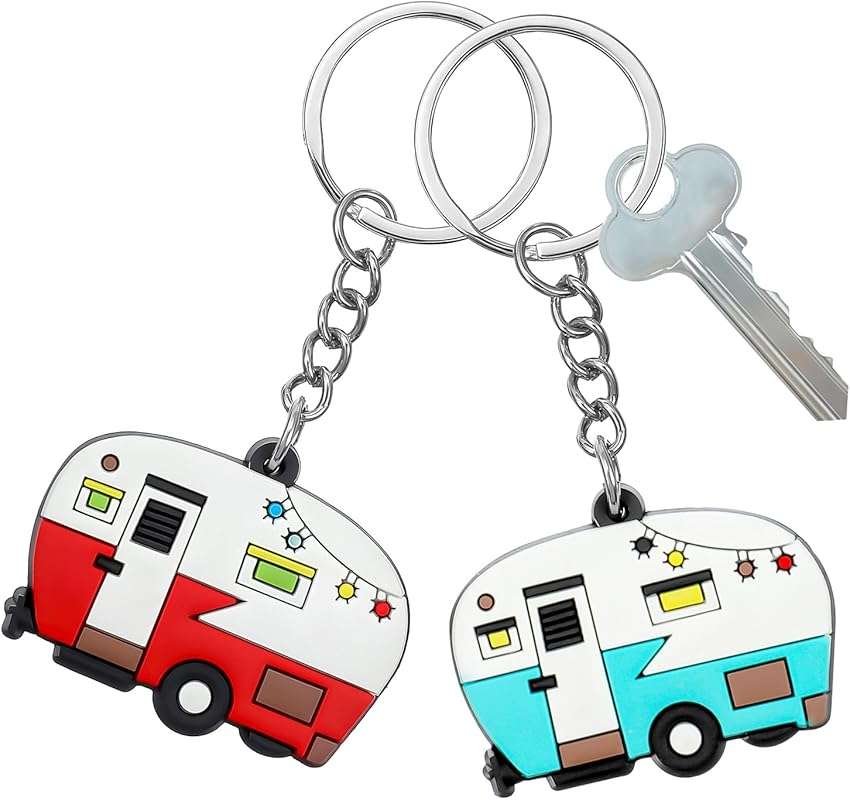 Grevosea 2 Pcs RV Camper Keychains: Retro Camping Car Trailer Keyrings