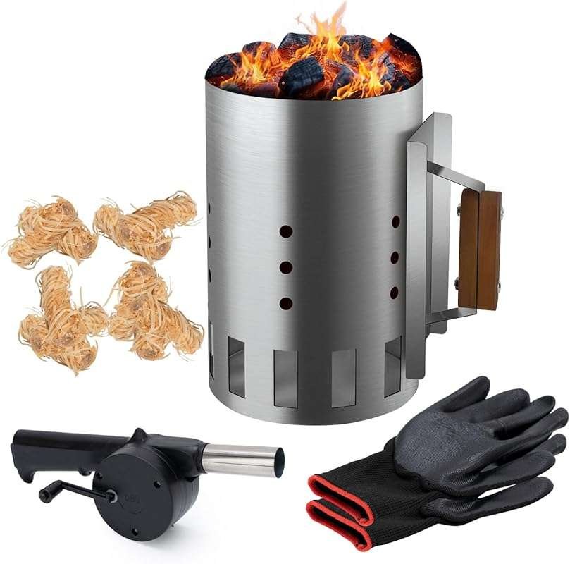 BRIAN & DANY Charcoal Chimney Starter Set with Gloves and Blower