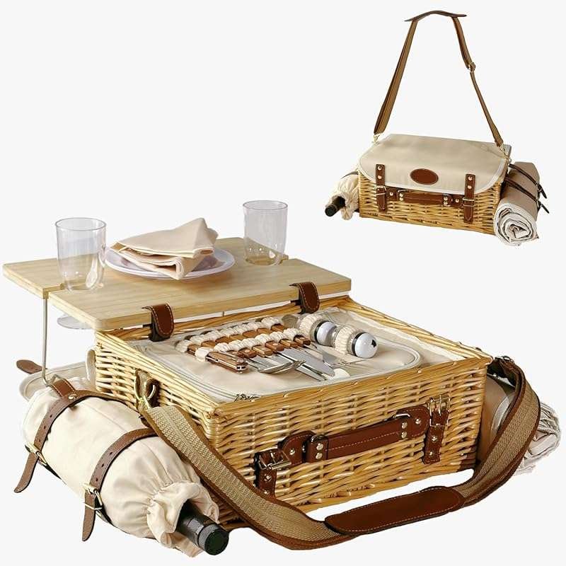 Multifunctional Wicker Picnic Basket Set for 2 Adults, Portable Table,