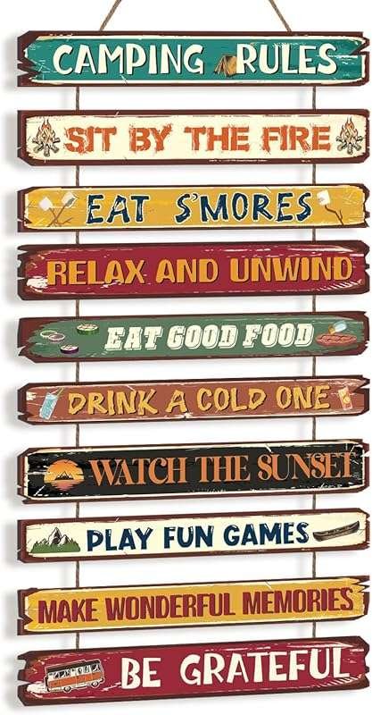 Funny Outdoor Camping Rules Wood Sign for Porch, Backyard, or Home - U
