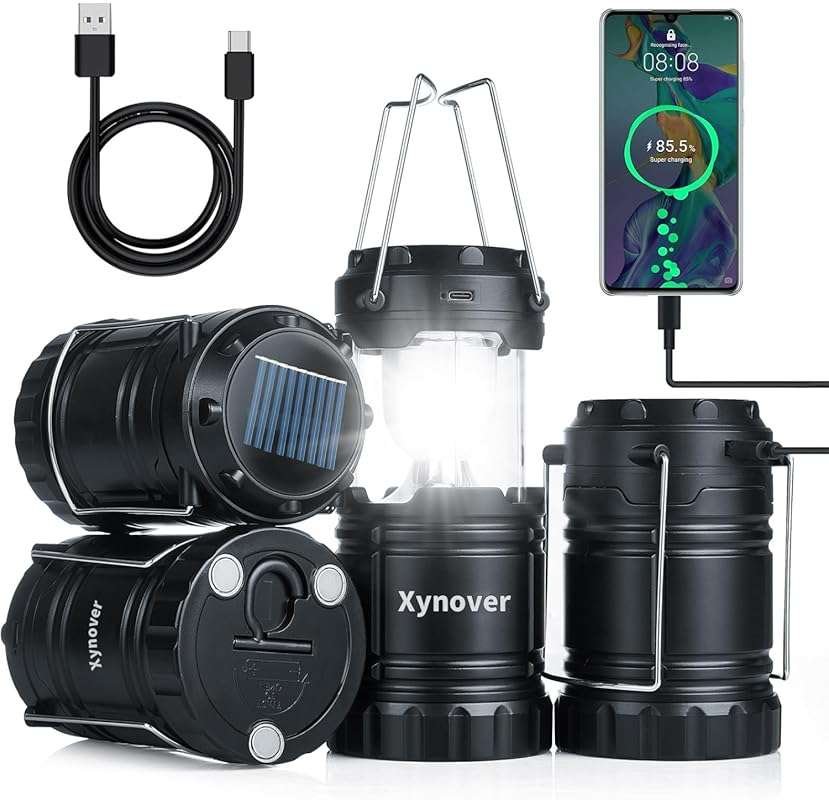 Solar Camping Lantern 4-Pack - Rechargeable LED Lights, Magnetic Base,