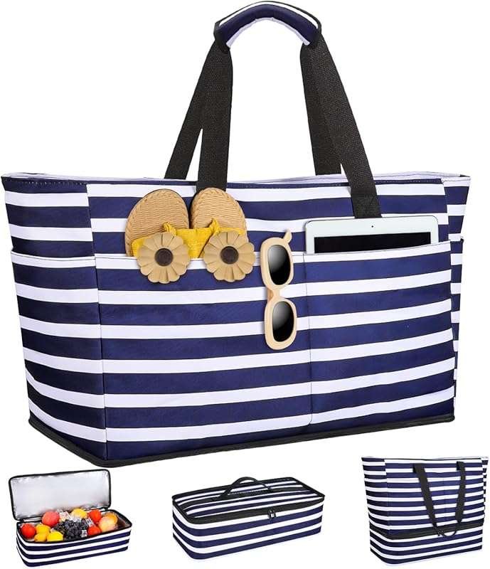 Beach Bag with Cooler, 49L Large Waterproof Sandproof Tote with Zipper
