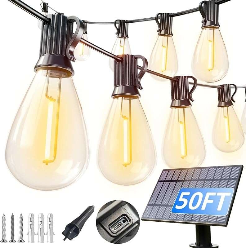 Luckystyle 50FT Solar String Lights with 18+1 LEDs, Waterproof, Long L