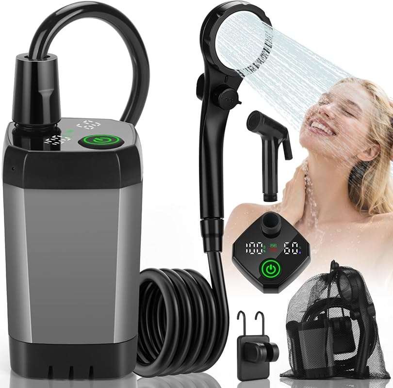 Rechargeable Camping Shower Pump with LED Battery and Temperature Disp