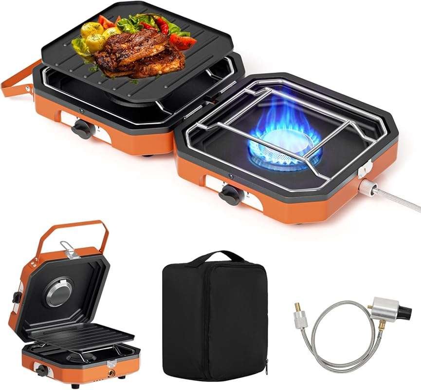 Portable Orange 2-Burner Propane Camping Stove with 16000 BTU, Flameou