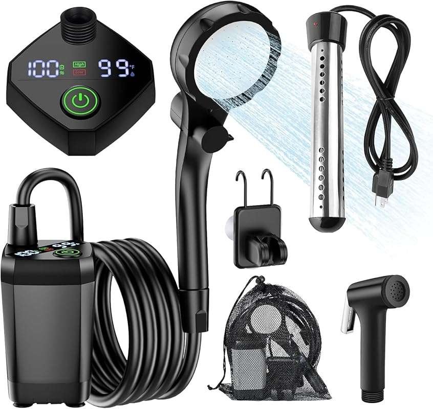 InkTrail Portable Camping Shower Heater, 6000mAh Rechargeable Pump, 4 
