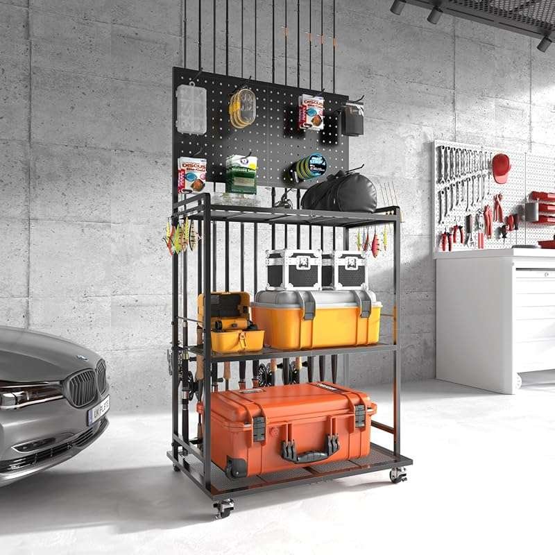 SOYEEZE 3-Tier Fishing Pole Rack: Large Capacity Rolling Cart with Peg